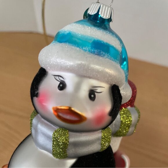 Christopher Radko Penguin Glass Christmas Ornament w Candy Cane Flocked Glitter - Picture 5 of 9